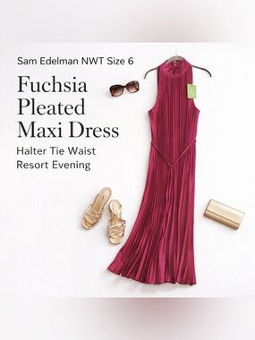 NWT Sam Edelman Later Maxi Size 6 Fuchsia Pleated Dress Tie Waist Spring